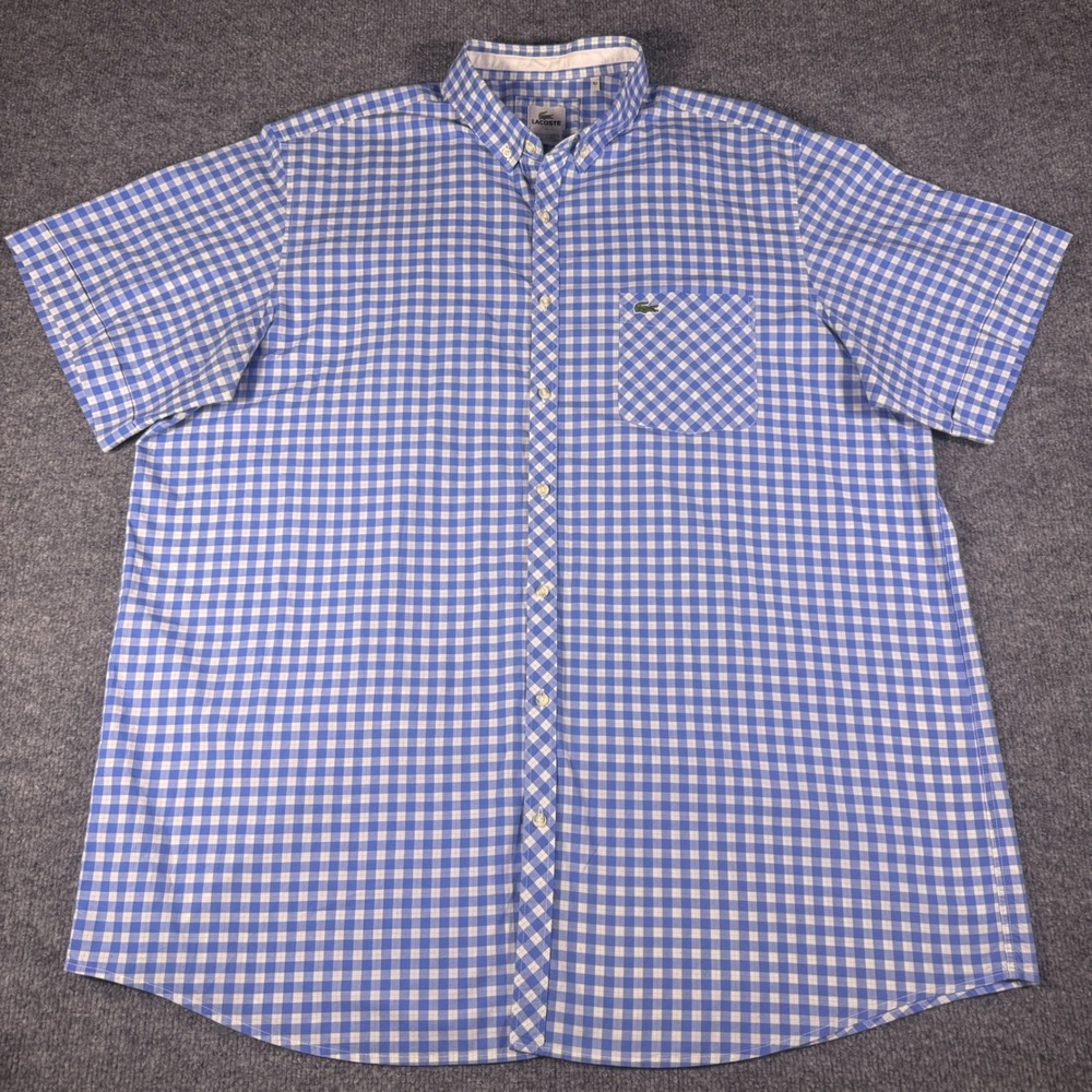 Lacoste Mens Blue White Gingham Short Sleeve Button Down Shirt XLT Large Tall